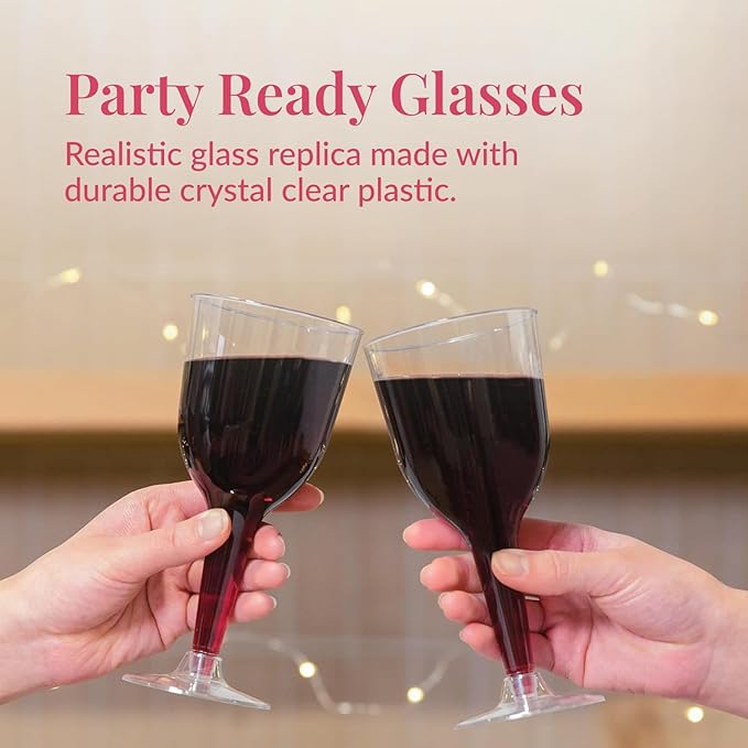 Prestee 24 Clear Stemmed Plastic Wine Glasses - 10 oz Disposable Wine Glasses for Parties - Plastic Wine Cups with Stem for Weddings, Wine Tasting, Patio Gatherings, and Elegant Party Supplies