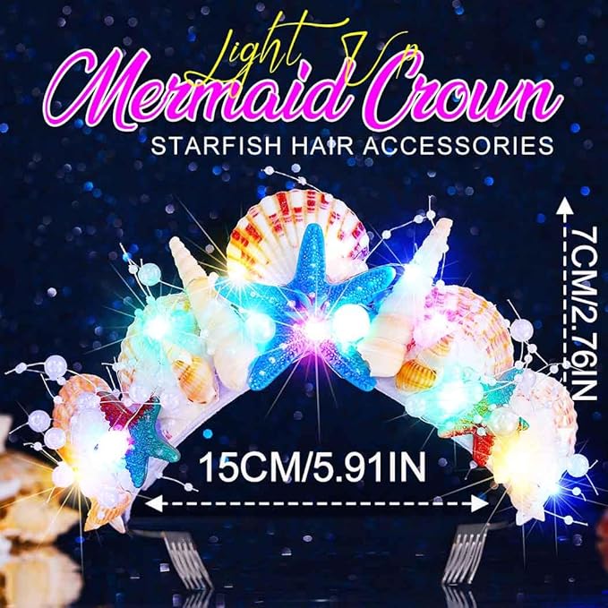 BARTOSI Mermaid Crown Light Up Seashell Headband Mermaid Costume Hair Accessories for Women