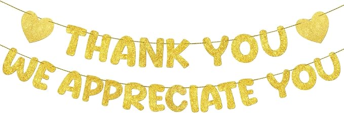 Fulmoon Pre Strung Thank You We Appreciate You Glitter Banner Funny Appreciation Banner for Employee Coworker Staff Teacher Thank Sign Party Decorations(Gold)
