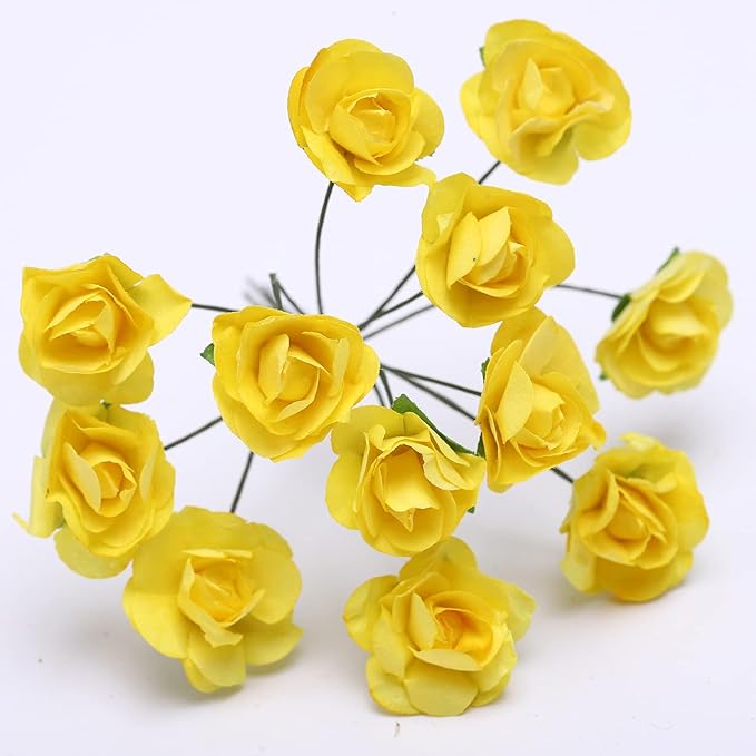 144pcs Mulberry Paper Mini Roses Artificial Flowers Heads with Stems for DIY Crafts Accessories Make Bridal Hair Clips Headbands Dress Wedding Bridal Bouquets Party Home Decor Valentine's (Yellow)