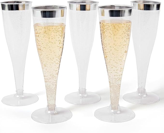 Prestee Set of 24 Silver Glitter Plastic Champagne Flutes - 4.5 oz Capacity - Shatterproof Durable Disposable Glasses - Elegant Design - Ideal for Weddings, Cocktail Parties, and Outdoor Celebrations