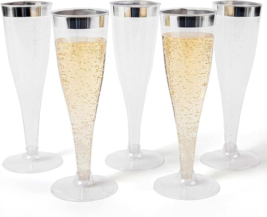 Prestee Set of 24 Silver Glitter Plastic Champagne Flutes - 4.5 oz Capacity - Shatterproof Durable Disposable Glasses - Elegant Design - Ideal for Weddings, Cocktail Parties, and Outdoor Celebrations