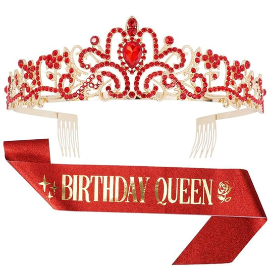 Birthday Queen Tiara & Sash for Women Girls, Rhinestone Headband Princess Crown with comb Happy Birthday Party Decorations Favors Supplies (Red)