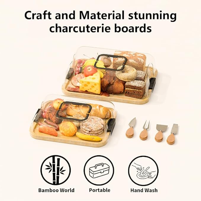 2-Pack Charcuterie Board with Lid 4" Heightened Lid - 14.2" & 13.4" Bamboo Trays Entertaining - Housewarming Warming Gifts New Home, Gifts for Women - Large Food Platter