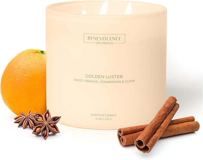 Orange, Cedarwood & Clove – Benevolence LA Large 3-Wick Fall Scented Candle for Home | 15oz, 50-Hour Burn | Soy Wax, Cotton Wicks | Warm & Inviting Autumn Fragrance | Malibu Sands Collection
