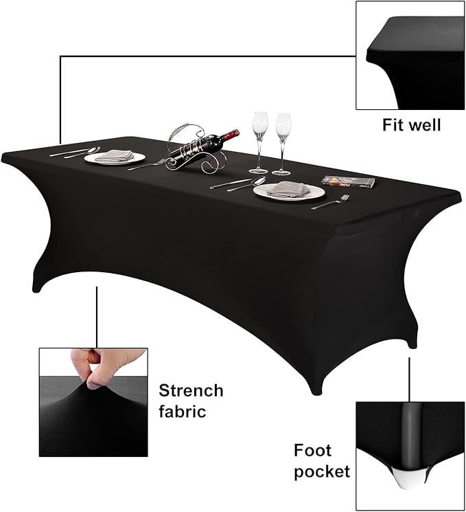 FORLIFE Spandex Table Cover - Fitted 8ft Rectangular Tablecloth, Stretch Patio Cover, Universal for Wedding, Banquet, Party (Black)