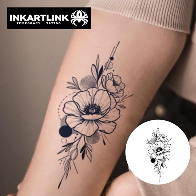 INKARTLINK Women's Semi-Permanent Floral Temporary Tattoos - Adult Art Design, Cruelty-Free, Waterproof, Non-Reflective (Flower 19)