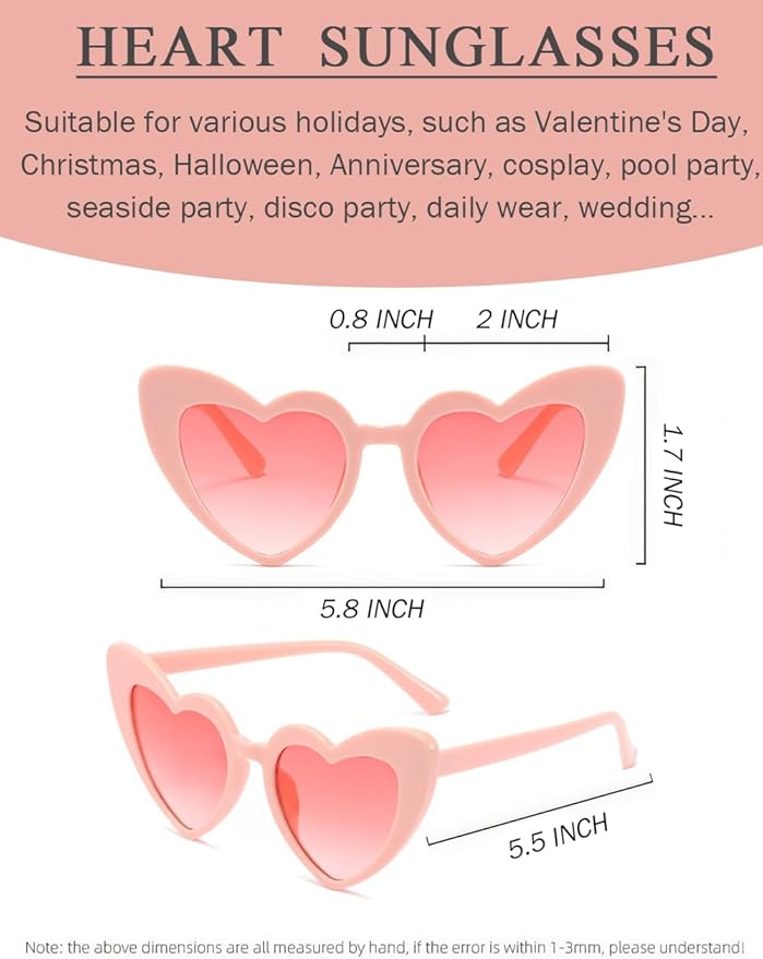 8 Pack Heart Sunglasses Vintage Cat Eye Heart Glasses Retro Bachelorette Bride Sunglasses Bulk for Women