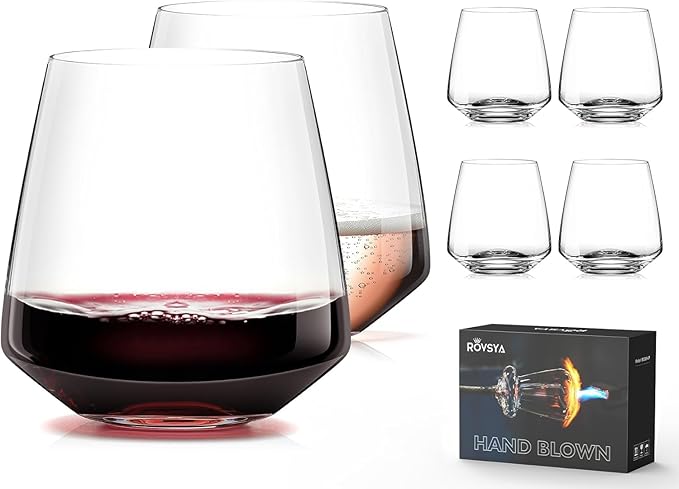Stemless Wine Glasses Set of 6 13.5oz, Hand Blown Red White Wine Glasses Unique Gifts for Him Her for Birthday, Wedding, Christmas, Anniversary
