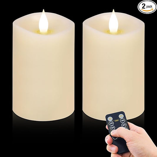 2PCS, 3 x 5 inches Flameless Candle with Remote Control, 3D Flickering Wick, Real Wax,with Timer,Battery Operated Candles,for Holiday Home Decor,Ivory