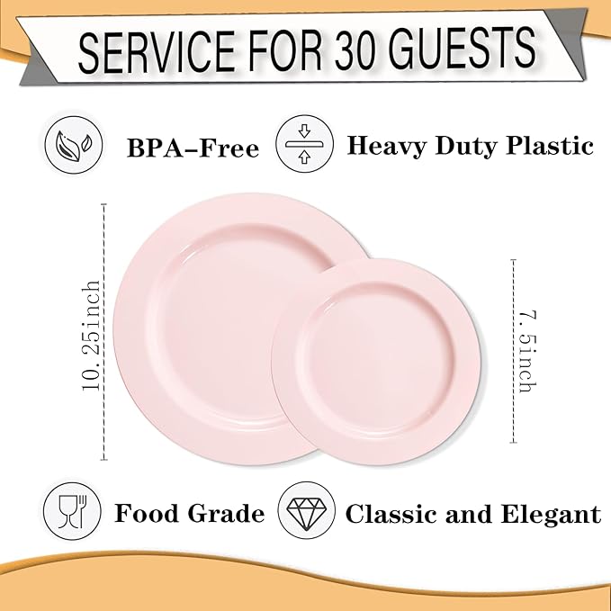 FLOWERCAT 60PCS Pink Plastic Plates - Heavy Duty Pink Plates Disposable for Easter Party/Mother's Day/Wedding - serving 30 guests Include 30PCS 10.25inch & 30PCS 7.5inch
