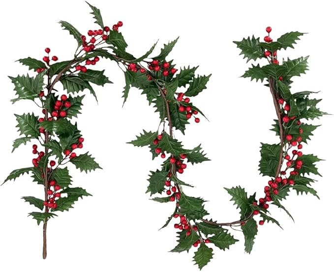 72inch Christams Garland for Front Door,Artificial Green Leaves Paired with Berries for Door Wall Window Fireplace Party Decor