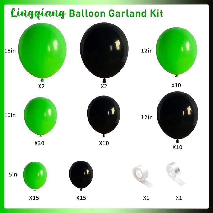 Green and Black Balloon Garland Arch Kit, Matte Black Light Lime Green Latex Balloons Video Game Balloon Arch & Garland for Boys Men Gamer Jungle Football Theme Birthday Baby Shower Party Decorations