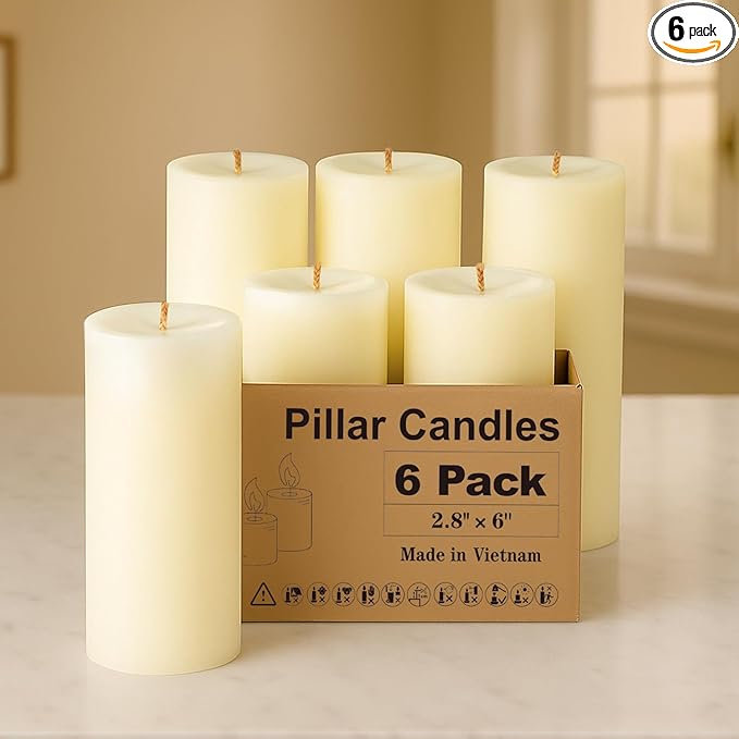 Ivory Pillar Candles, Set of 6, 70 Hour Long Burning, Unscented and Dripless Pillar Candles Bulk, Large Candles (3x6 inch) for Christmas Lights, Wedding, Parties, Spas, Home Decor