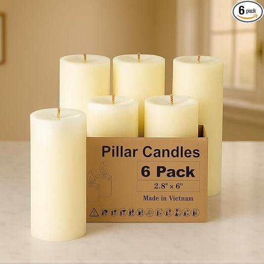 Ivory Pillar Candles, Set of 6, 70 Hour Long Burning, Unscented and Dripless Pillar Candles Bulk, Large Candles (3x6 inch) for Christmas Lights, Wedding, Parties, Spas, Home Decor