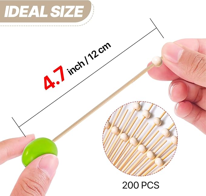 PuTwo Cocktail Picks 4.7 Inch 200pcs Bamboo Fancy Skewers Toothpicks for Appetizers Wooden Ball Toothpicks for Food Drink Fruit Sandwich BBQ Charcuterie Boards Accessories Birthday Party Supplies