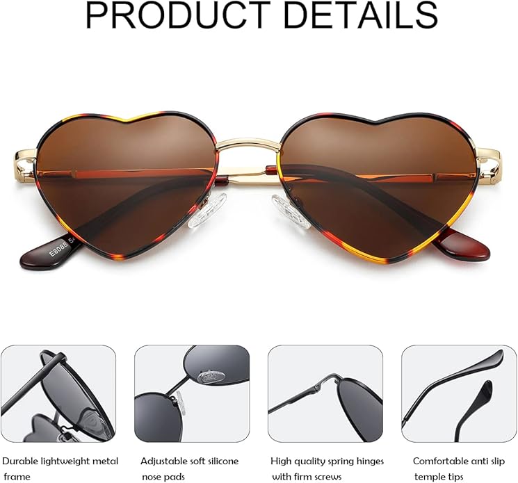 JOVAKIT Polarized Heart Sunglasses for Women Fashion Lovely Style Metal Frame UV400 Protection Lens