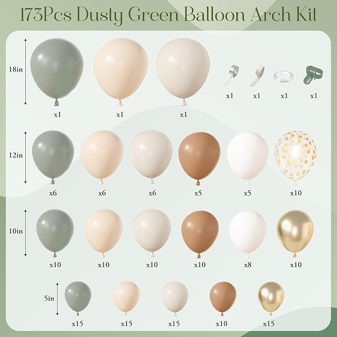 Amandir 173Pcs Dusty Green Nude Balloon Arch Garland Kit, Blush Cream White Sand Avocado Green Brown Gold Confetti Balloons for Neutral Baby Shower Gender Reveal Wedding Birthday Party Decorations