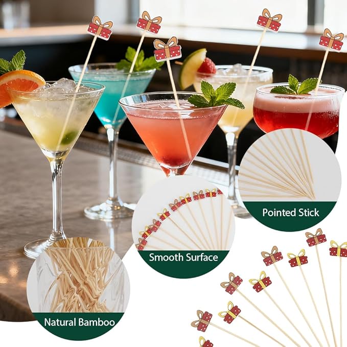 Holiday Toothpicks For Appetizers Bamboo Toothpicks 100pcs 4.7inch Gift Box Cocktail Toothpicks Christmas Picks For Food Picks Decorative Toothpicks For Appetizers Cocktail Sticks For Sandwich