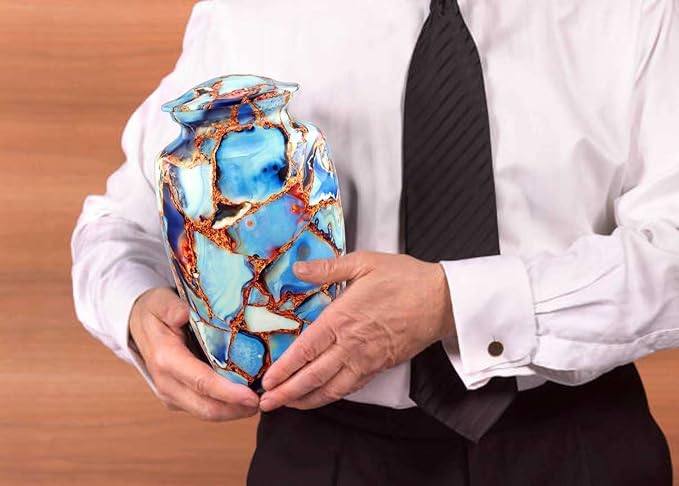 Large Cremation Urn | Handcrafted Marble Finish Adult Cremation Urn | Funeral and Memorial Cremation Urns for Human Ashes up to 200 lbs with Velvet Bag (Luxury Blue)