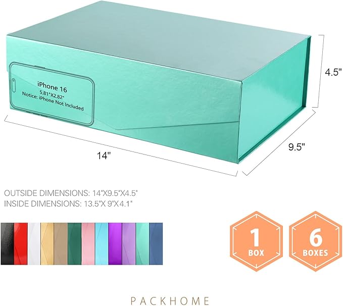 PACKHOME Large Gift Box with Lid 13.5x9x4.1 Inches, Sturdy Collapsible Gift Box with Magnetic Closure (Glossy Green)
