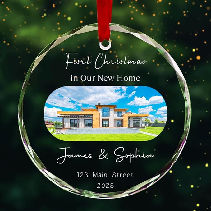 Personalized Round Christmas Crystal Glass Ornaments Custom 2025 Xmas Ornament for Christmas Tree Decor Customized First Christmas in New Home Tree Hanging