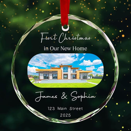 Personalized Round Christmas Crystal Glass Ornaments Custom 2025 Xmas Ornament for Christmas Tree Decor Customized First Christmas in New Home Tree Hanging