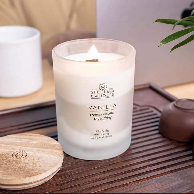 Vanilla Candle - 9.7 oz /275g Vanilla Scented Candle in Cream Frosted Glass Jar with Wooden Lid and Wooden Crackling Wick in a Luxurious Gift Box - Creamy, Smooth and Soothing