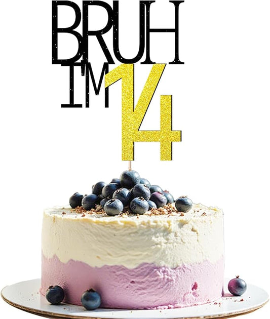 Bruh I'm 14 Cake Topper - Bro I'm 14, Happy Sweet 14 Ornament for Boys' 14th Birthday Party Supplies (Bruh I'm 14)