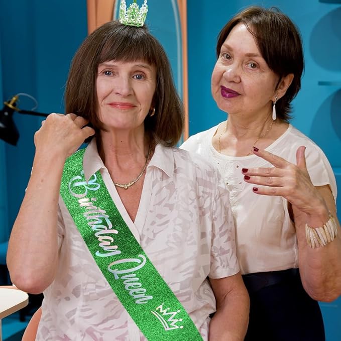 Birthday Queen Sash for Women Tiara & Crowns Headbands for Girls Happy Birthday Party Accessories Favor Supllies Leona Silver Pink Green, 2 Pack