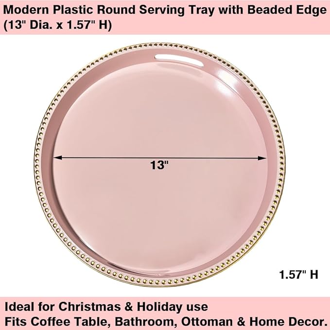 Pink Decorative Tray for Coffee Table, Round Beaded Plastic Serving Tray forKitchen Counter, Ottoman, Living Room,(13")