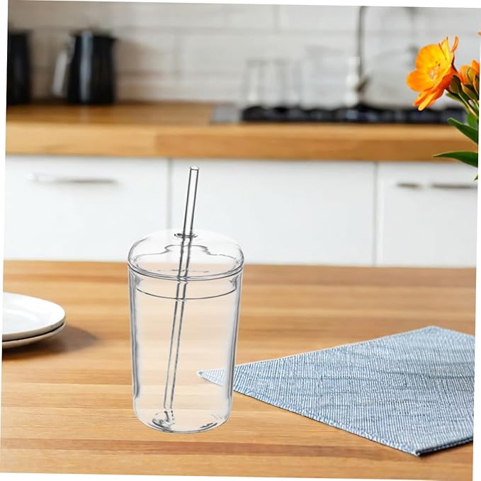 Large Capacity Glass Drinking Mug with Straw Decorative Transparent Juice Cup for Home Office Hotels Smooth Rim Easy to Clean Beverage Container