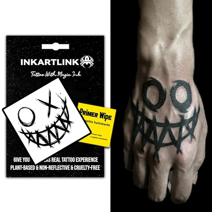 INKARTLINK Semi Permanent Tattoos,Halloween temporary tattoo, party tattoos, realistic, waterproof, cruelty-free, non-reflective (Smiley Face)