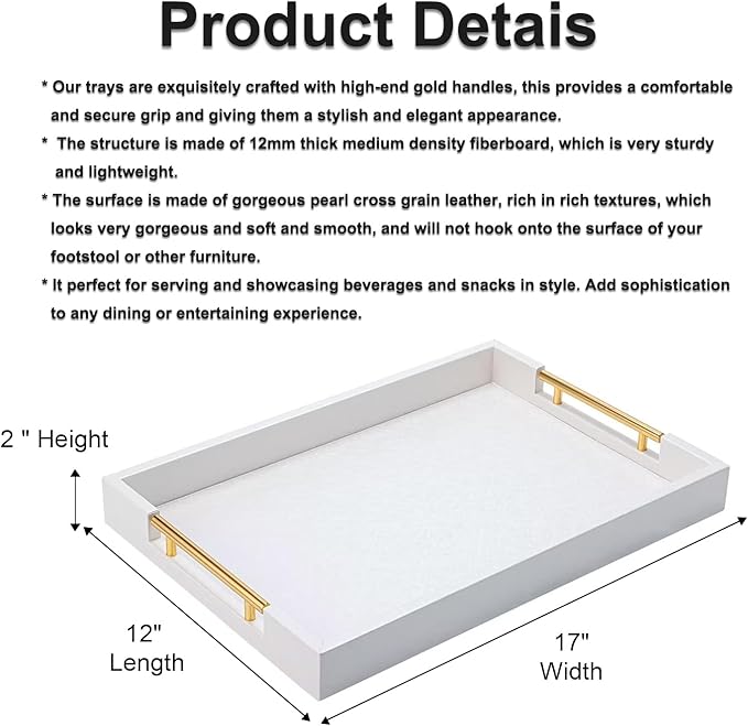 White Decorative Tray for Coffee Table, Modern Large Ottoman Tray for Living Room,Drink Coffee Serving Tray