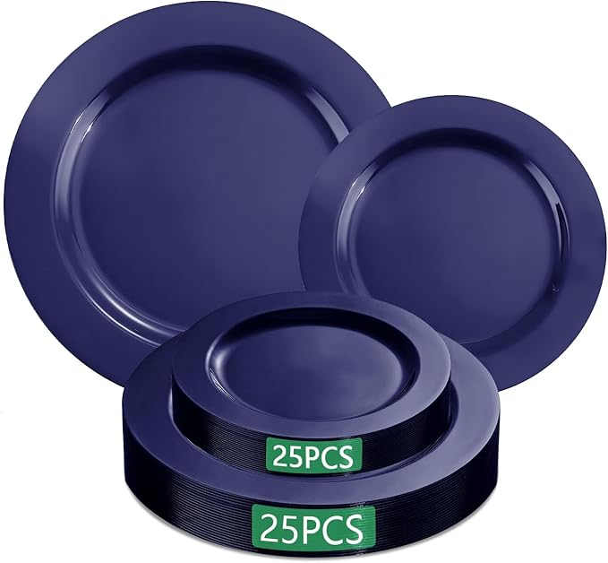 MENDENG 50PCS Blue Plastic Plates for Party, 25x10.25 Dinner Plates & 25x7.5 Dessert Plates, Heavy Duty Disposable Plastic Plates for Wedding Party Hanukkah