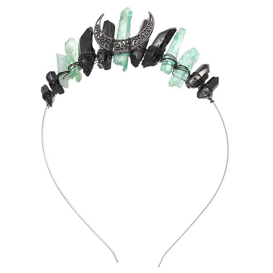Witch Crystal Headband Crown for Women - Medieval Green Black Quartz Tiara with Moon, Fairy Elf Circlet Viking Celtic Headpiece for Renaissance Cosplay Halloween Headwear