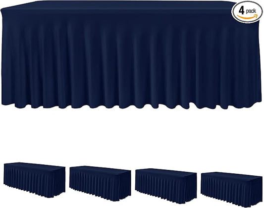 HolidayIdeas Spandex Table Skirts for Rectangle Tables 8 Ft, Fitted Stretch Table Cover 30x96 Inch, Wrinkle-Free Ruffle Design Tablecloths for Banquets,Trade Shows, Parties, Events, 4 Pack, Navy