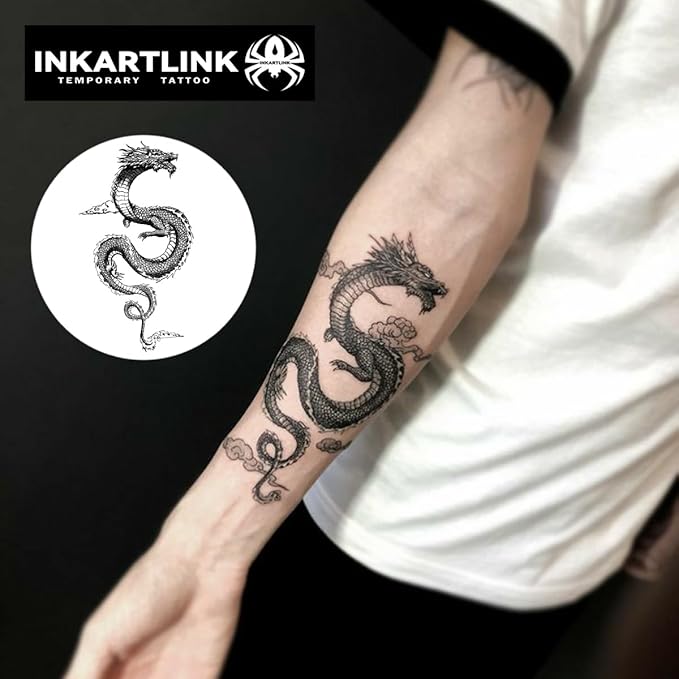 INKARTLINK Tattoo Tech, 2 Sheets Medium Semi Permanent Tattoo, Adult Art Design Temporary Tattoos, Lasts 1-2 Weeks, Waterproof, Realistic Look, No Reflection (dragon)