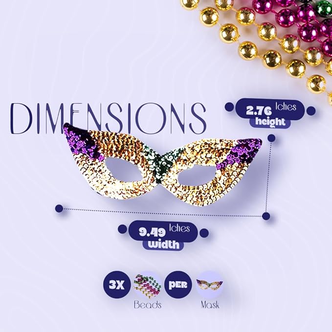 Funny Party Hats Mardi Gras Face Mask & Beads - Mardi Gras Mask Bulk - Masquerade Masks - Venetian Mask - Mardi Gras Necklaces - Mardi Gras Costumes