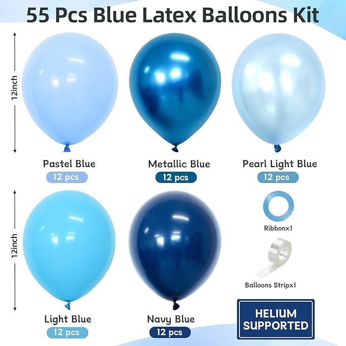 Assorted Blue Balloons Set, 60 pcs Metallic Blue Balloons, Pearl, Navy, Light Blue, Baby Blue Balloon 12 inch Latex Balloon for Boys Birthday Decoration, Baby Shower, Bridal Shower, Wedding