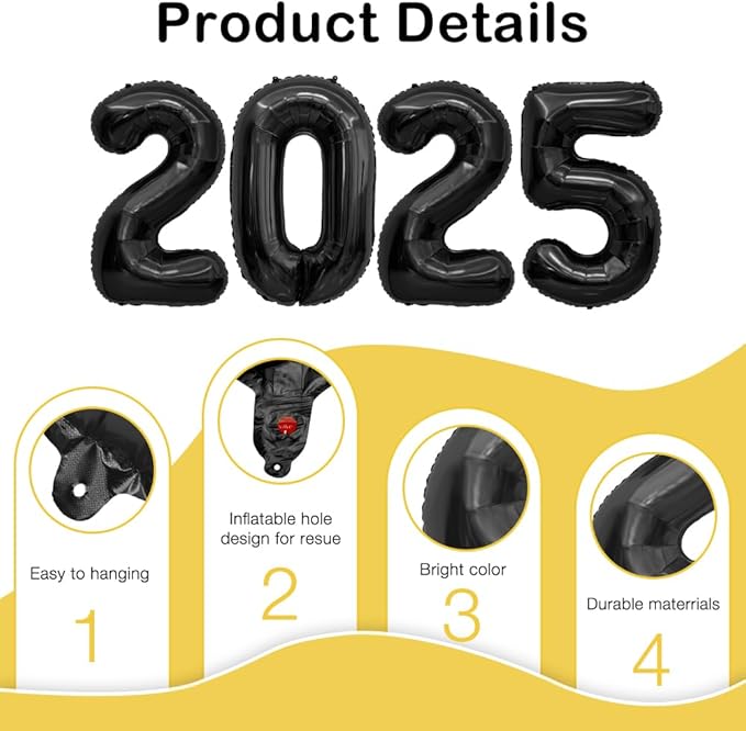 2025 Balloons, 40 Inch 2025 Number Balloons, 2025 Black Balloons, Large Foil Happy New Year Balloons for New Year Eve Party Supplies 2025, New Years Decorations 2025, Christmas, Graduations, Halloween