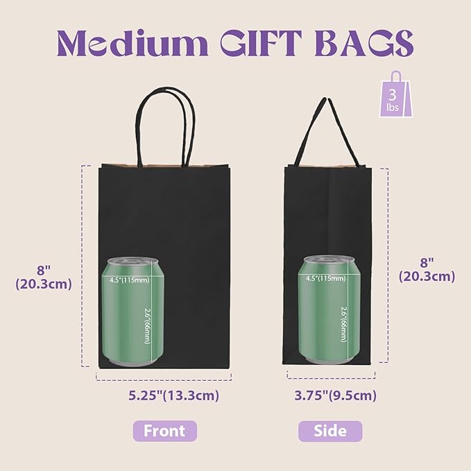 MESHA Black Paper Gift Bags 5.25x3.75x8 Inch 20pcs Small Paper Kraft with Handles Bulk,Grocery Shopping Wedding Party Favor Bag