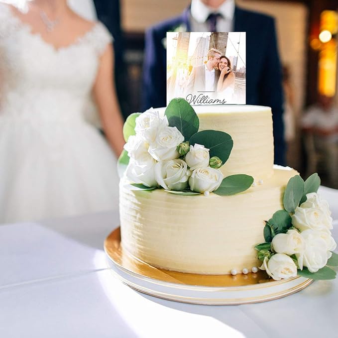 Andaz Press Fully Custom Photo Last Name Custom Wedding Cake Topper, Acrylic Picture Square Personalized Couple Cake Topper