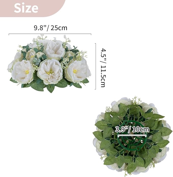 NUPTIO Artificial Flowers Ball Centerpieces: 10 Pcs 9.8 Inch Diameter Fake Kissing Rose Floral Balls for Wedding Party Bridal Shower Valentine Home - White Bouquet Arrangement Decorations for Table
