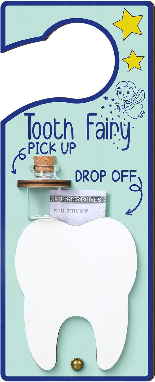 Tooth Fairy Holder Bag Door Hanger with Money Slot Keepsake Bottle Velvet Pouch Teeth Fairy Box Encourage Gift for Lost Teeth Boy Girl Milk(Fresh,Blue)