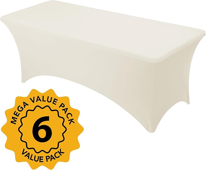 6-Pack Premium Cream Spandex Tablecloths for 8ft Rectangle Tables, Stain & Wrinkle-Resistant, Washable Stretch Polyester Fitted Table Cover for Weddings, Banquets, Trade Shows Events