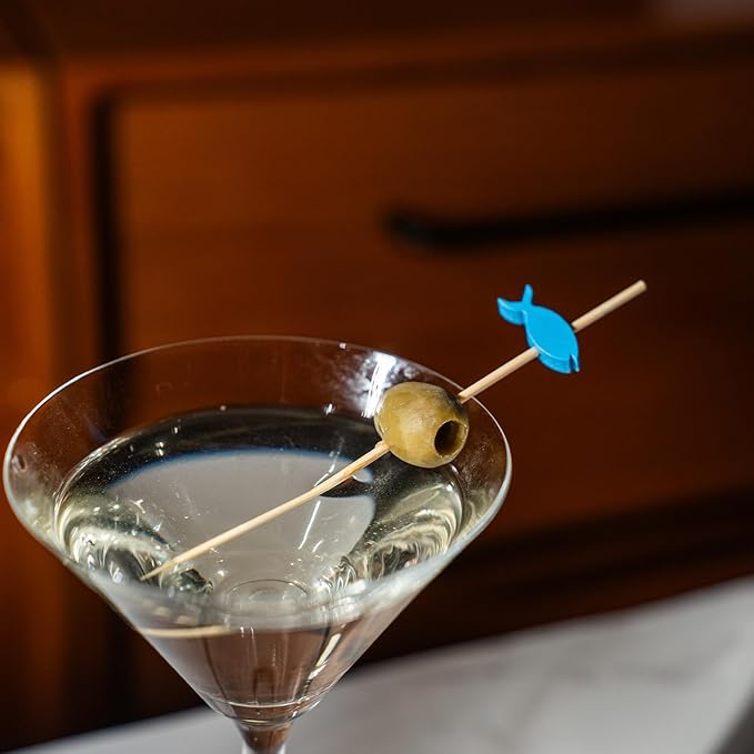 PuTwo Cocktail Toothpicks 100 Counts Cocktail Picks Handmade Natural Bamboo Cocktail Sticks Eco-Friendly Appetizer Skewers for Cocktail Appetizers Fruits Dessert - Blue Fishes
