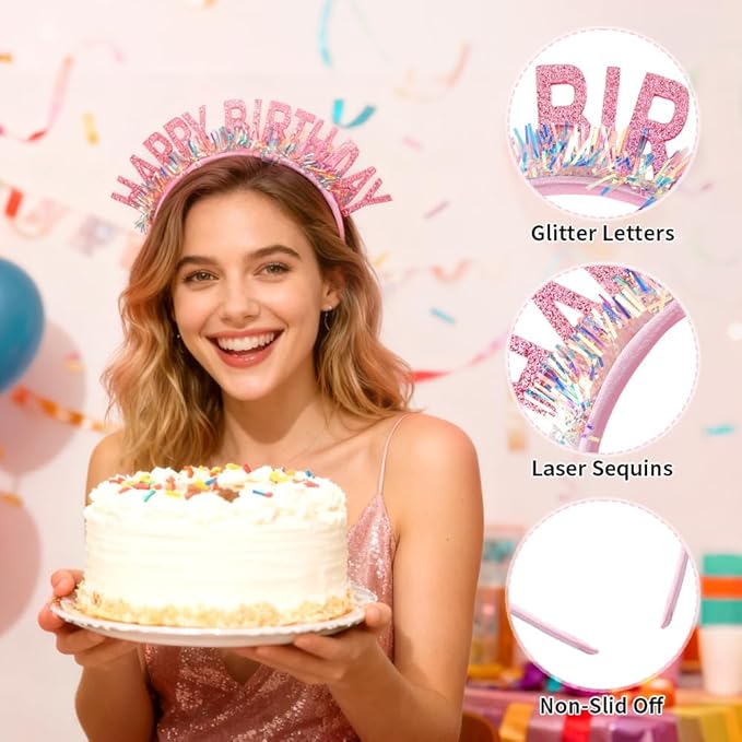 Birthday Headband Tiara, Happy Birthday Headband Tiara Accessories for Women, Pink Tiaras Crown Accessories Decorations Party Favors for Girl Princess