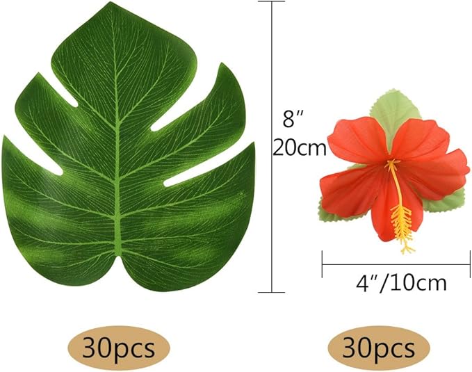 KUUQA 60 Pcs Tropical Party Decoration Supplies 8" Palmtera Hibiscus Leaves and Flowers, Simulation Leaf for Hawaiian Luau Party Jungle Beach Theme Table Decorations
