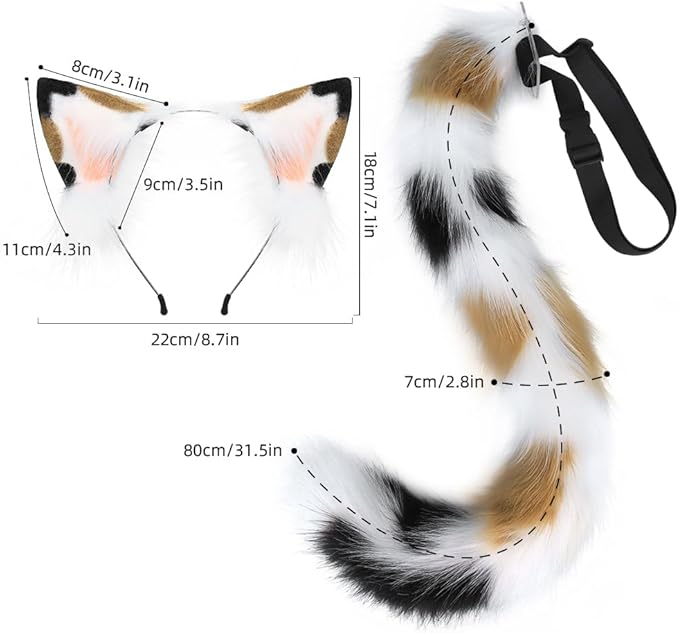 QinRuan Animal Cosplay Costume Accessories Furry Faux Fur Cat Ears Headband and Fox Tail Set Halloween Accessory